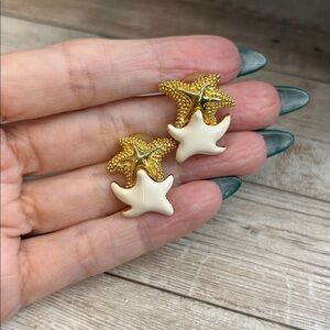 Gold and Cream Starfish Earrings signed FL